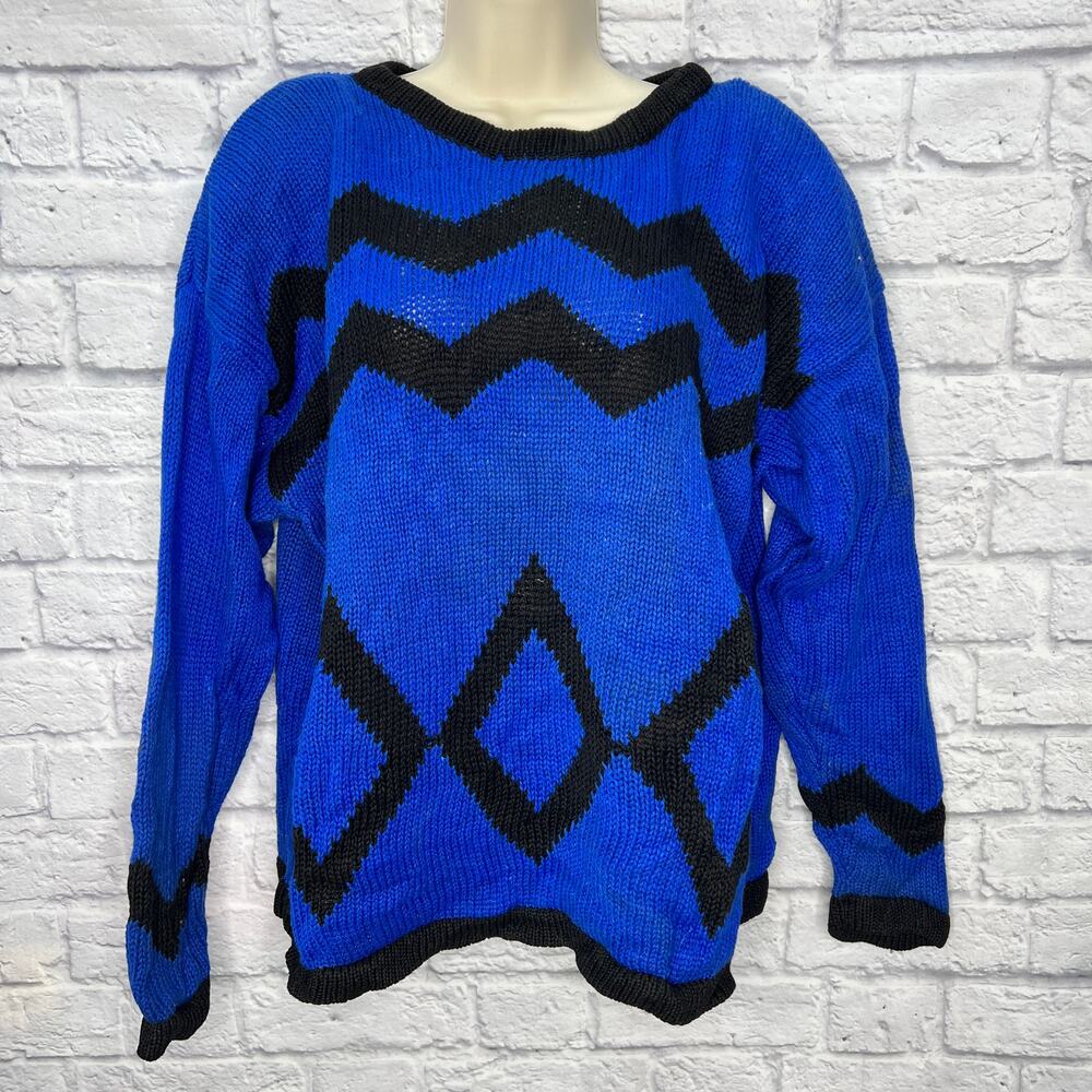 Vintage Jason Maxwell Blue Black Womens Sweater Size L Chevron Diamond 80s 90s
